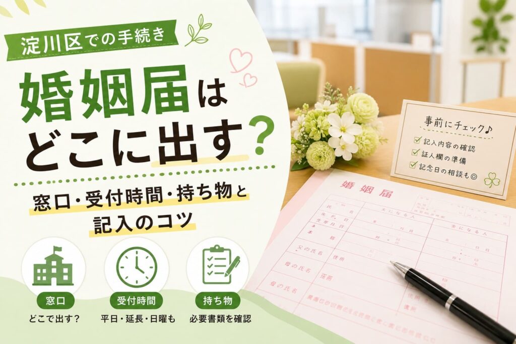 淀川区で婚姻届を提出する前に、窓口・受付時間・持ち物・記入内容を確認するためのアイキャッチ画像