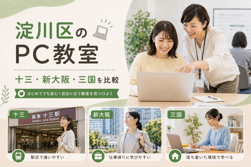 淀川区のパソコン教室を紹介するアイキャッチ。講師と受講者がパソコンを操作する様子と、十三駅・新大阪・三国の3エリアを掲載。