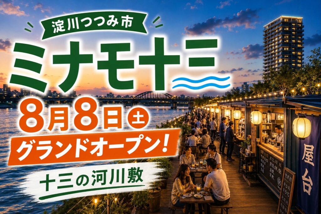 2026年8月8日にグランドオープンする「淀川つつみ市 ミナモ十三」を紹介するアイキャッチ画像。夕暮れの十三・淀川河川敷に屋台が並び、多くの人でにぎわう様子とオープン日が大きく表示されている。