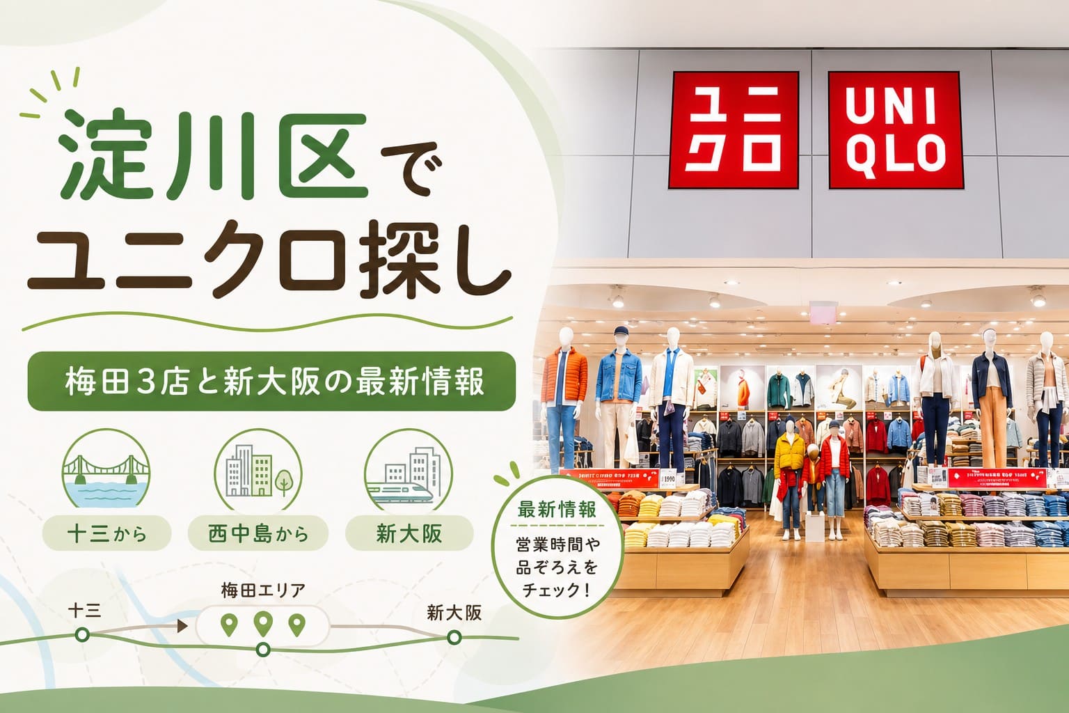 淀川区から行きやすい梅田3店舗と新大阪店の情報を紹介する記事。ウニクロの雰囲気を伝える画像