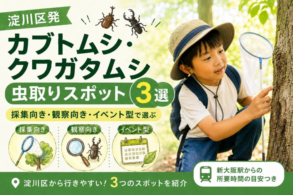 淀川区発のカブトムシ・クワガタムシ虫取りスポット3選を紹介するアイキャッチ。虫取り網を持つ子どもと、採集向き・観察向き・イベント型を表す手描き風イラスト。