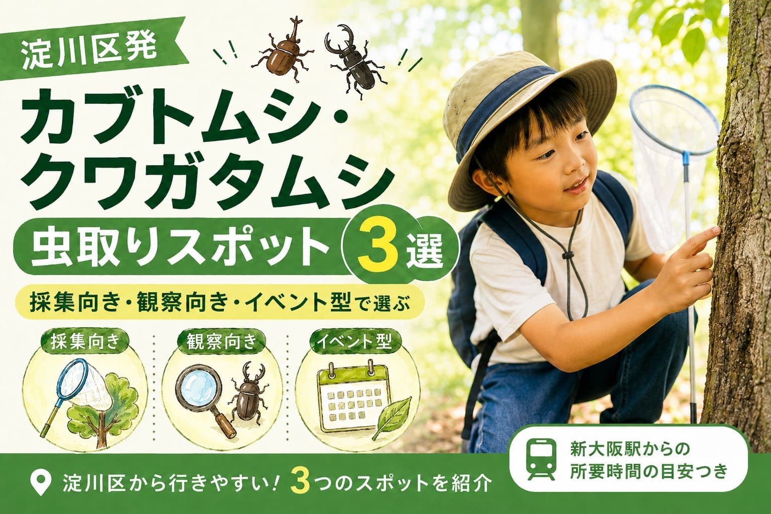 淀川区発のカブトムシ・クワガタムシ虫取りスポット3選を紹介するアイキャッチ。虫取り網を持つ子どもと、採集向き・観察向き・イベント型を表す手描き風イラスト。
