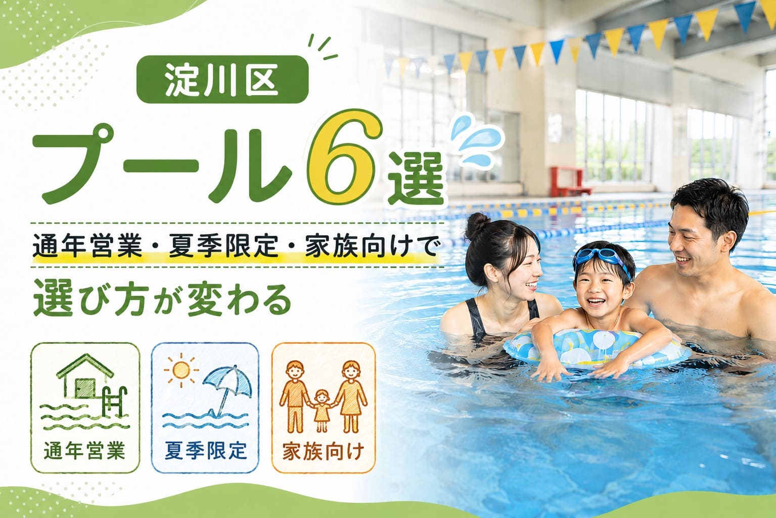 淀川区のプール6選を、通年営業・夏季限定・家族向けの3つの視点で紹介するアイキャッチ画像