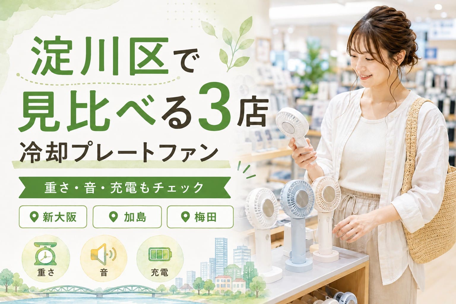 淀川区で冷却プレート付きハンディファンを実物で見比べる記事のアイキャッチ。店内で女性がハンディファンを手に取り、重さ・音・充電を確認している様子。