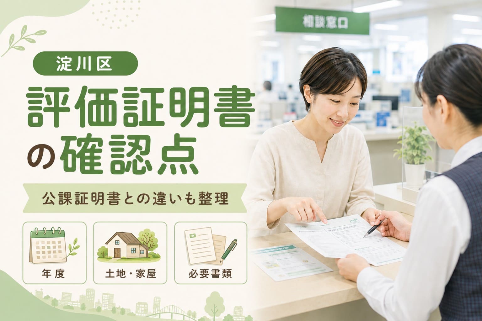 淀川区で固定資産評価証明書を取得する前に、年度・土地家屋・必要書類を確認するポイントを示したアイキャッチ画像