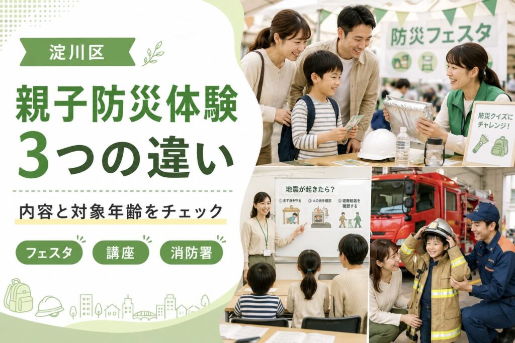 淀川区の親子向け防災体験について、フェスタ・講座・消防署の違いをわかりやすく示したアイキャッチ画像。