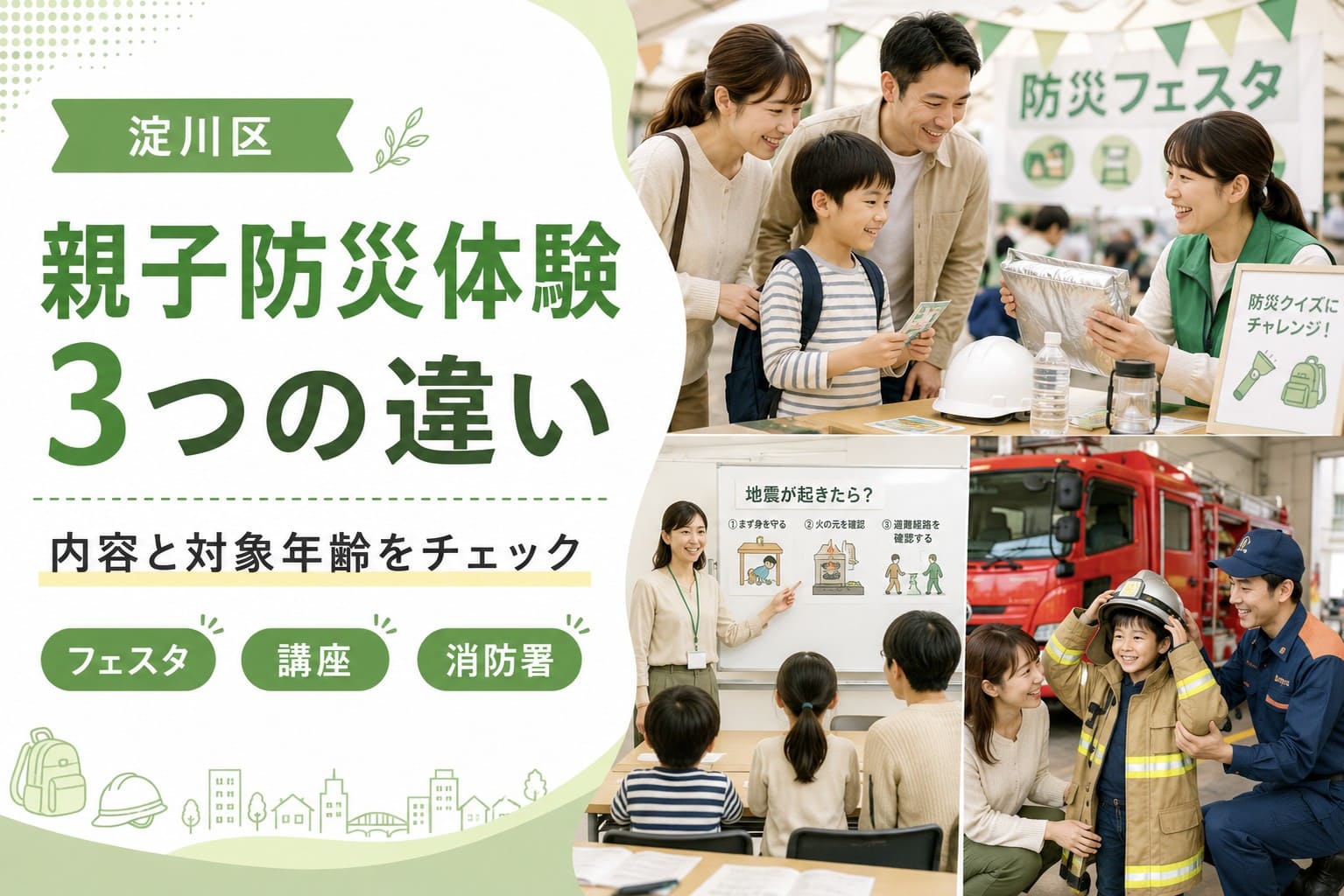 淀川区の親子向け防災体験について、フェスタ・講座・消防署の違いをわかりやすく示したアイキャッチ画像。