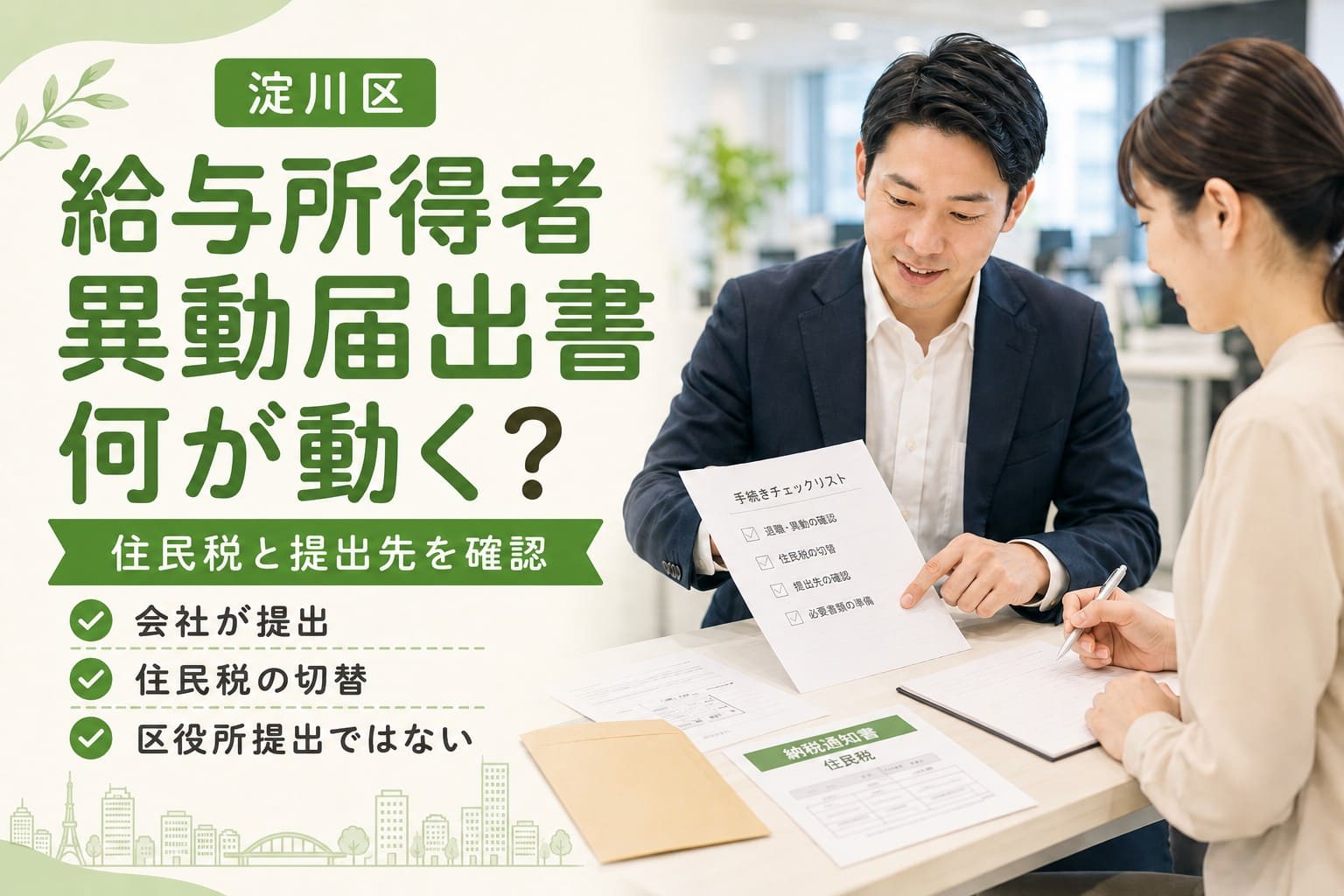 淀川区の給与所得者異動届出書について、会社が提出することや住民税の切替、区役所提出ではない点を示したアイキャッチ画像