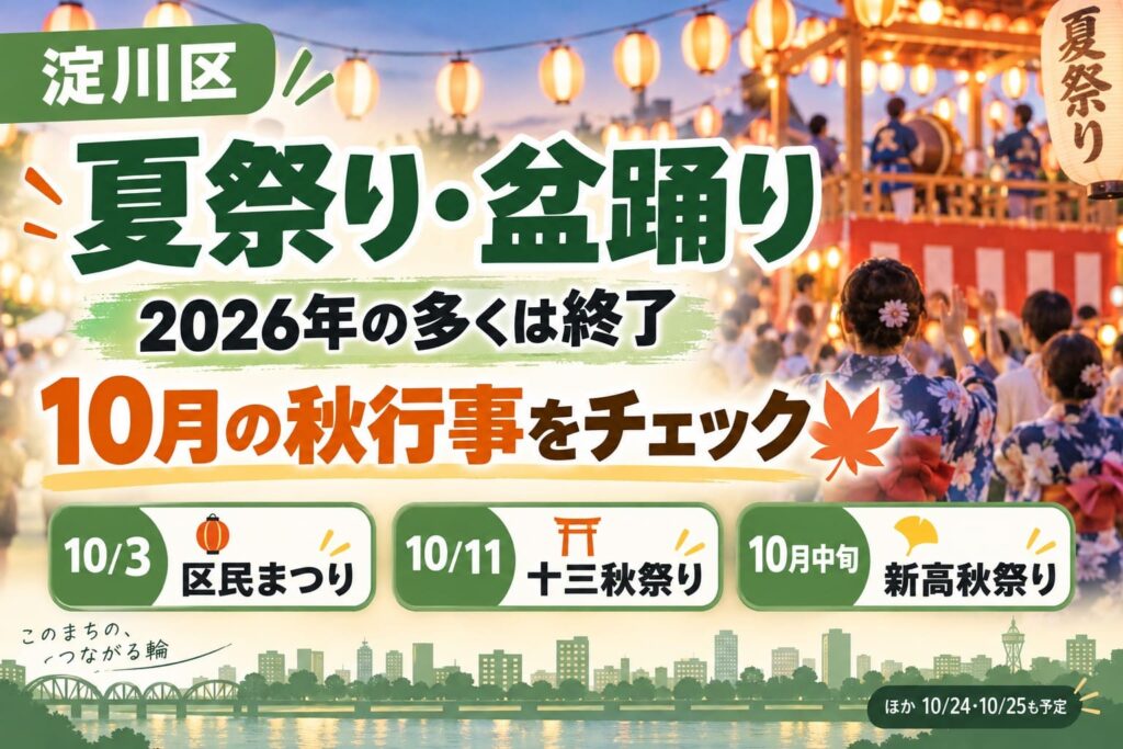 淀川区の2026年夏祭り・盆踊り終了情報と10月の秋祭り予定を案内するアイキャッチ