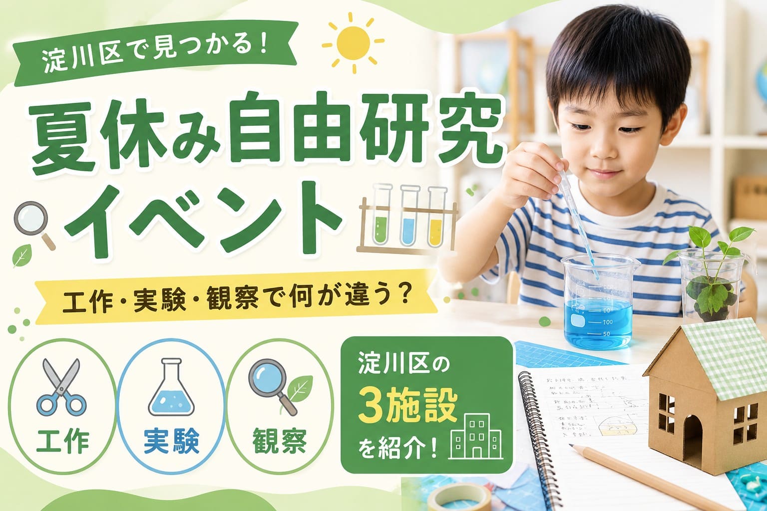 淀川区の夏休み自由研究イベントについて、工作・実験・観察の違いと3施設紹介を伝えるアイキャッチ画像