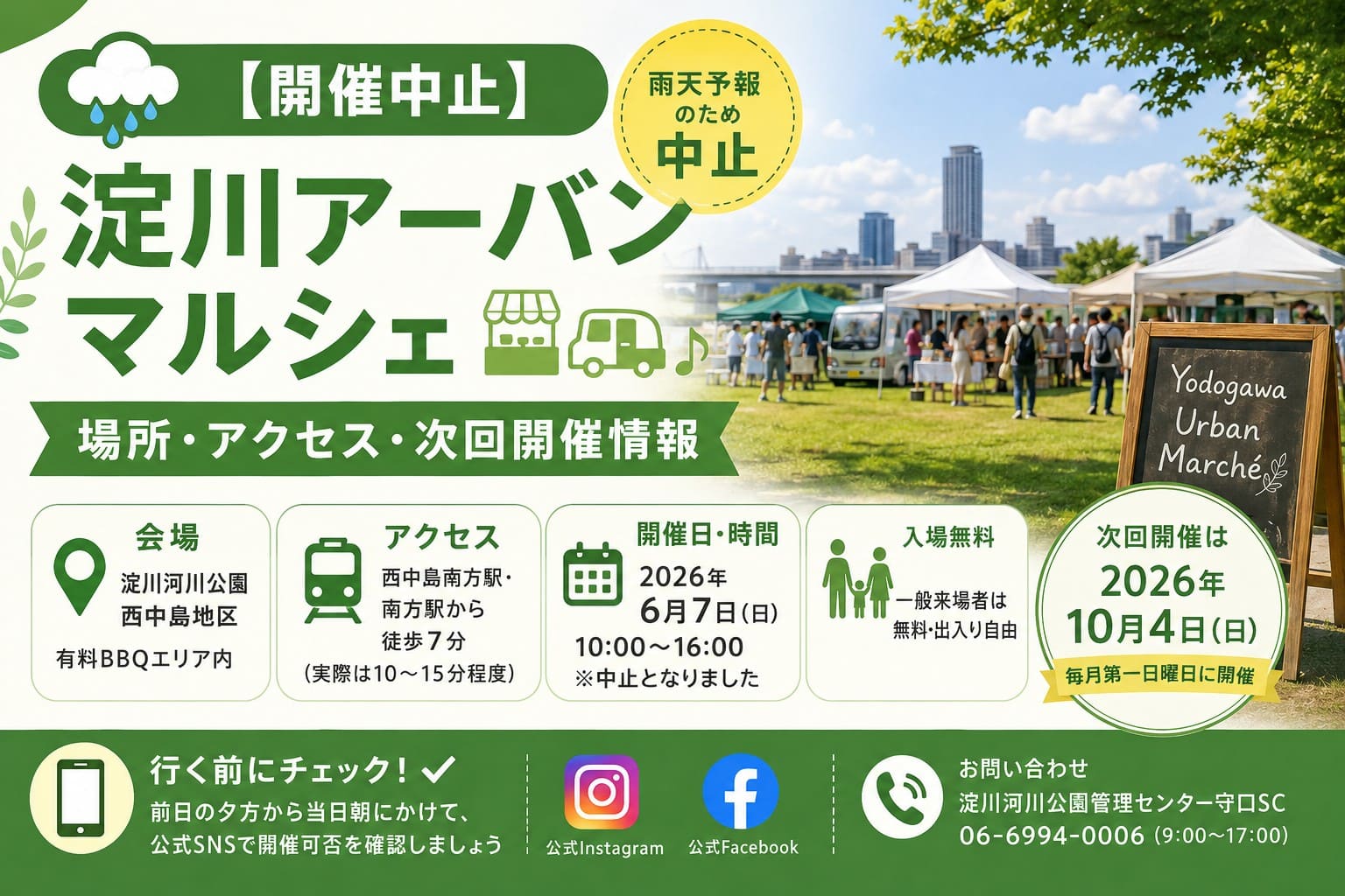 雨天中止となった淀川アーバンマルシェの開催中止案内と、会場・アクセス・次回開催情報をイメージしたアイキャッチ画像