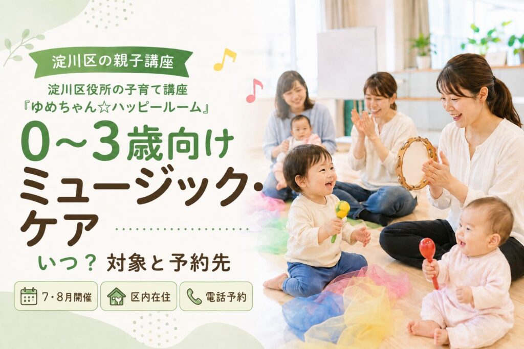 淀川区役所の子育て講座「ゆめちゃん☆ハッピールーム」で、0〜3歳向けミュージック・ケアの日程や対象、予約先を案内するアイキャッチ画像