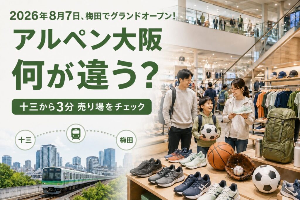 十三から電車で約3分の梅田にオープンするアルペン大阪の売り場を紹介するアイキャッチ画像