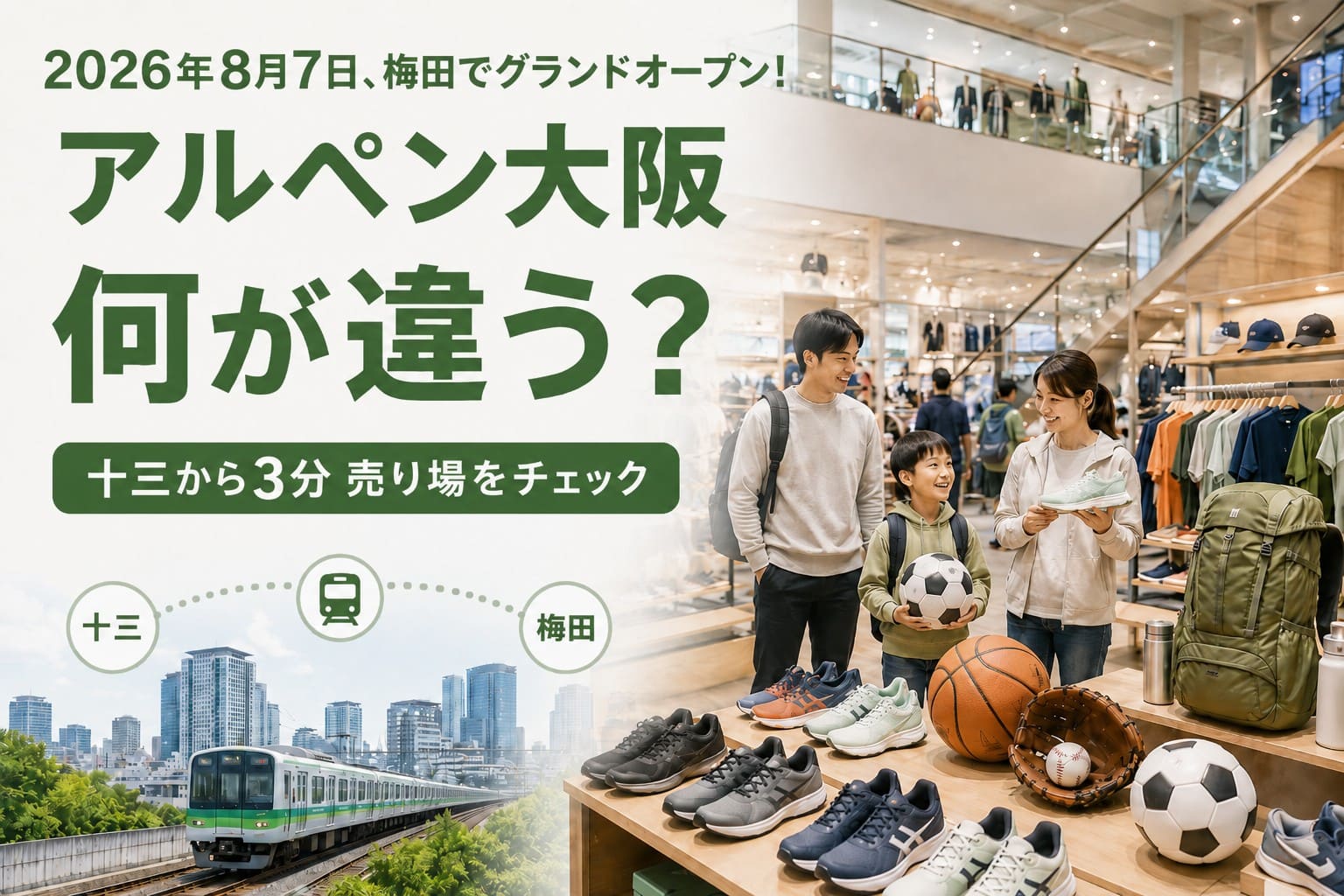 十三から電車で約3分の梅田にオープンするアルペン大阪の売り場を紹介するアイキャッチ画像