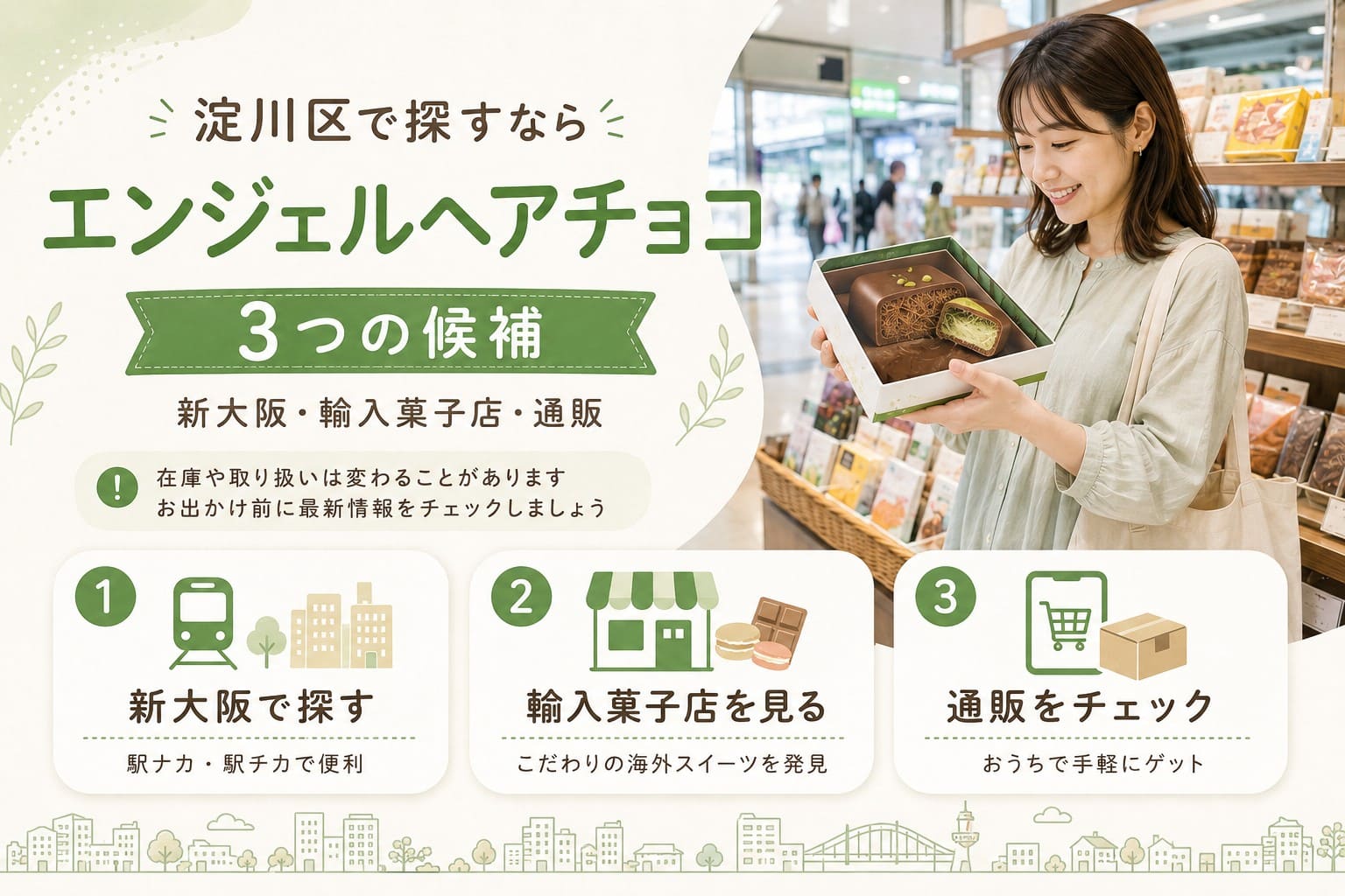 淀川区でエンジェルヘアーチョコを探す候補として、新大阪・輸入菓子店・通販を紹介するアイキャッチ画像。