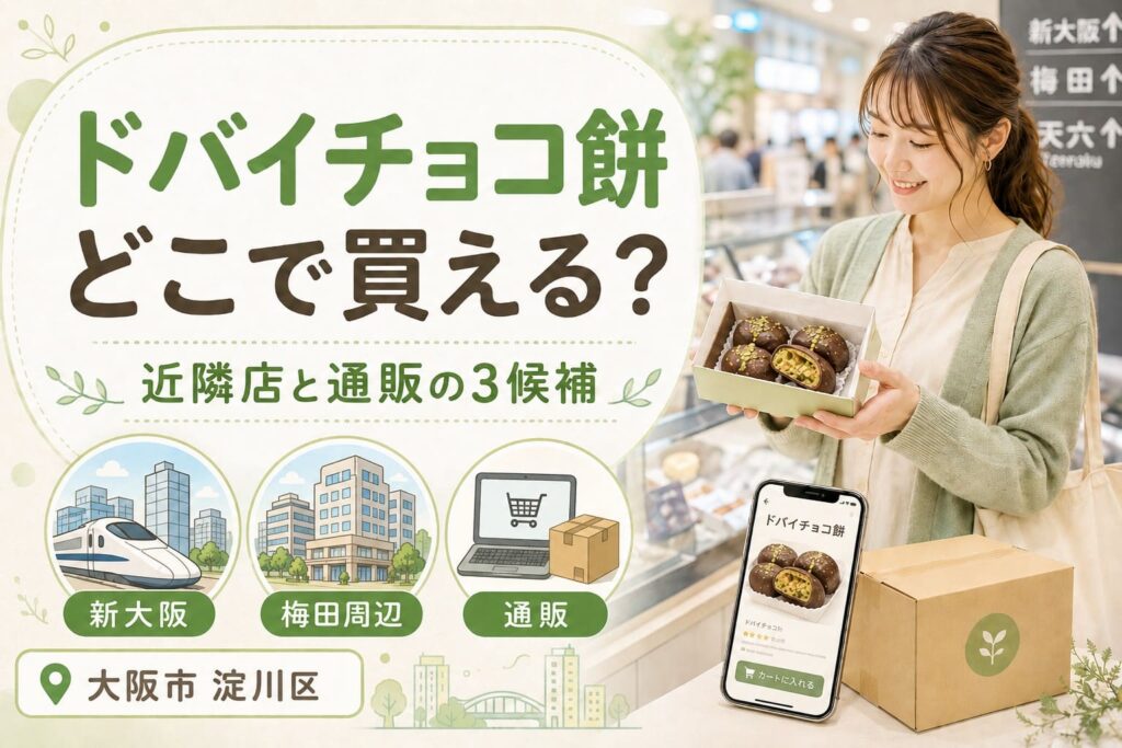 大阪市淀川区からドバイチョコ餅を探す記事のアイキャッチ。新大阪、梅田周辺、通販の3候補を示し、チョコ餅を持つ女性とオンライン購入のイメージを配置。