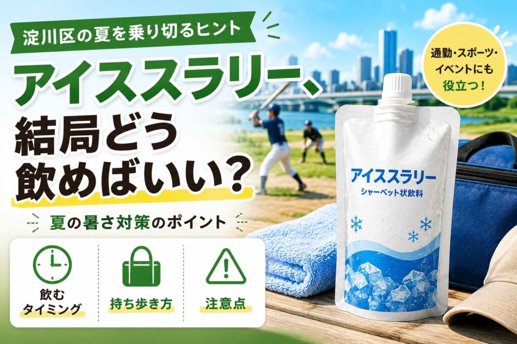 淀川区の河川敷を背景に、アイススラリーと保冷バッグ、タオルを配置し、「アイススラリー、結局どう飲めばいい?」という見出しと、飲むタイミング・持ち歩き方・注意点の3つのポイントを紹介したアイキャッチ画像。