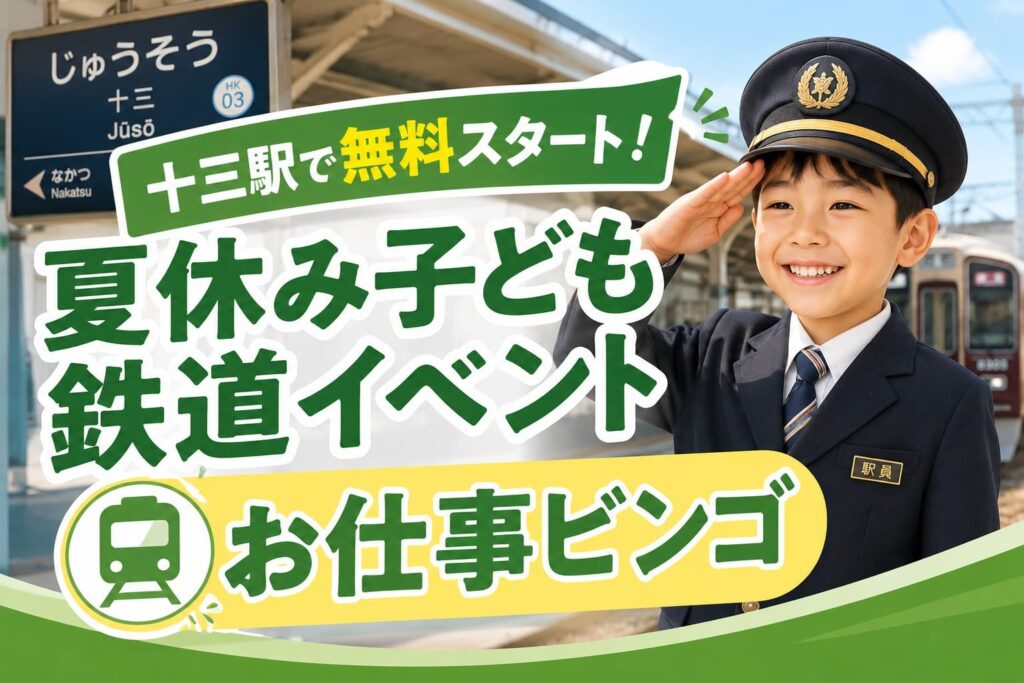 十三駅のホームを背景に、駅員の制服を着て敬礼する子どもと「十三駅で無料スタート！夏休み子ども鉄道イベント お仕事ビンゴ」の文字を配置したアイキャッチ画像