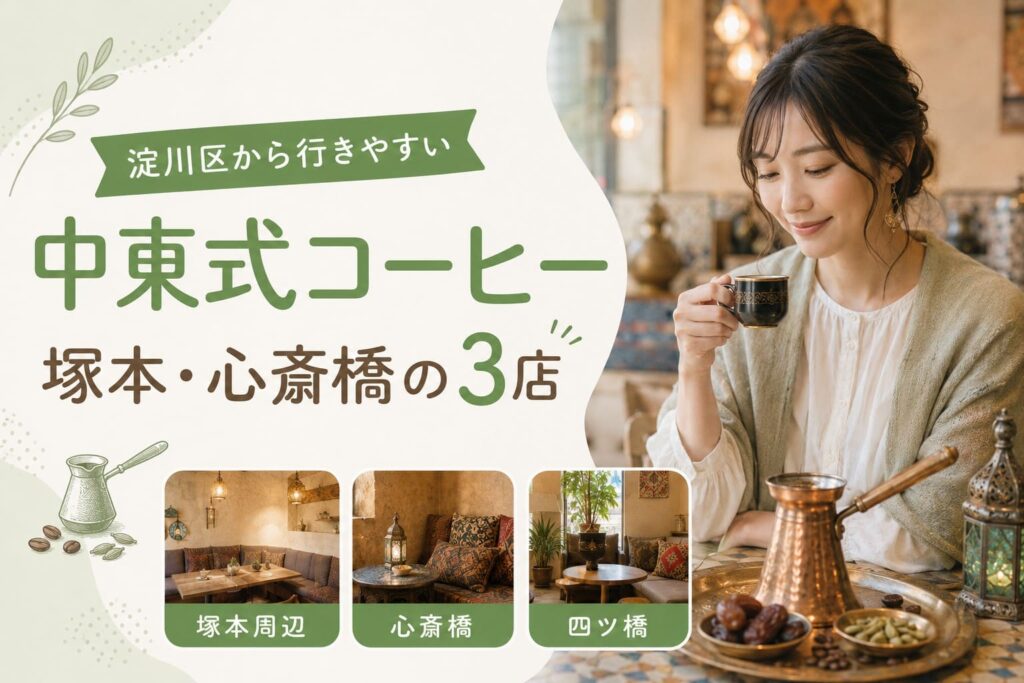 淀川区から行きやすい中東式コーヒーの候補として、塚本周辺・心斎橋・四ツ橋を示したアイキャッチ画像。