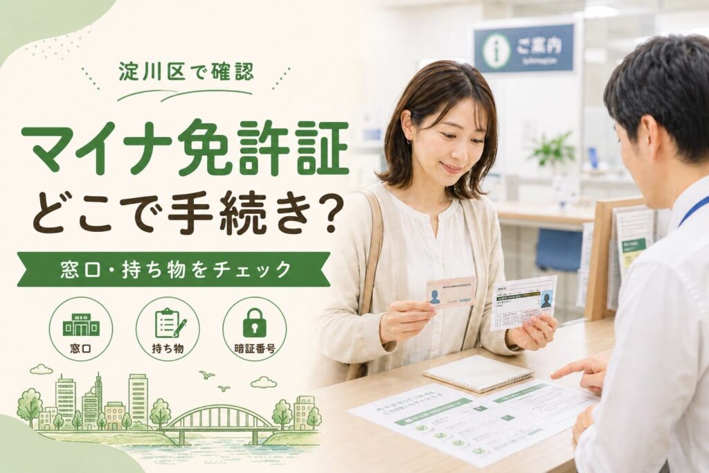 淀川区でマイナ免許証の手続き先を確認する内容を表したアイキャッチ画像。公共窓口でカードと持ち物を確認する様子。