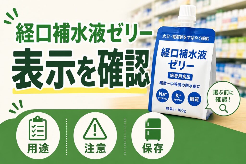 経口補水液ゼリーのパッケージ表示を確認することを促す、ドラッグストア売り場風のアイキャッチ画像