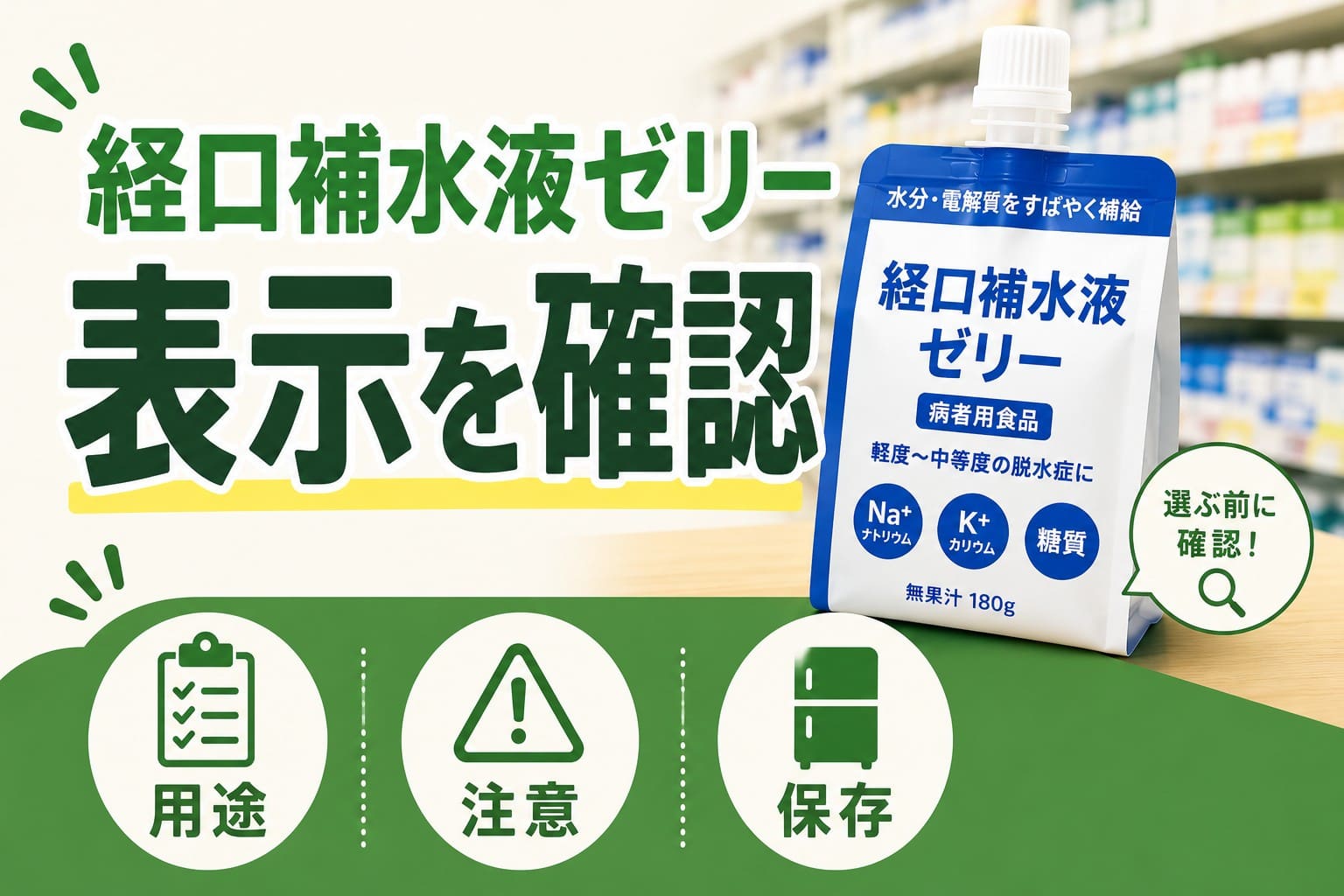 経口補水液ゼリーのパッケージ表示を確認することを促す、ドラッグストア売り場風のアイキャッチ画像
