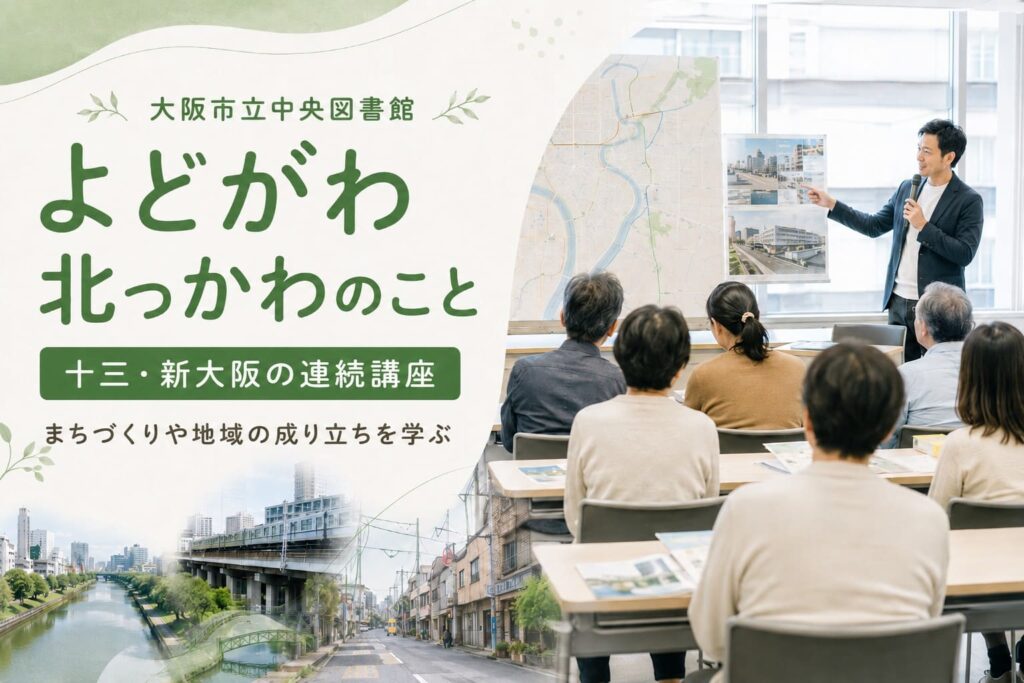 大阪市立中央図書館で開催される「よどがわ北っかわのこと」十三・新大阪の連続講座を紹介するアイキャッチ画像。講座会場でまちづくりや地域の成り立ちを学ぶ様子が描かれている。
