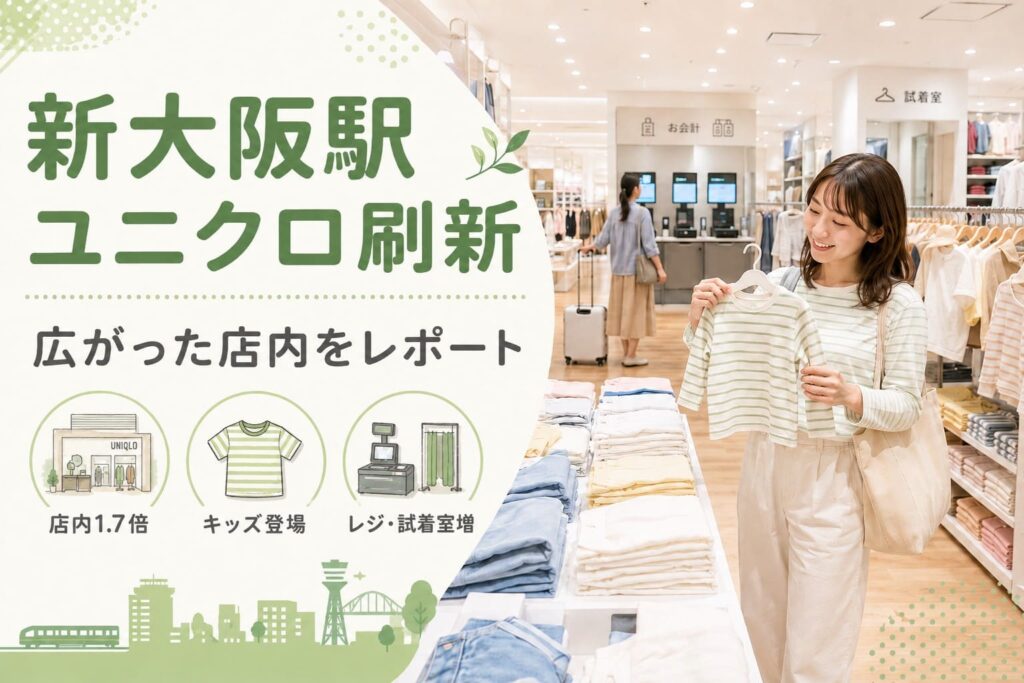 新大阪駅のユニクロ刷新を伝えるアイキャッチ。広がった店内、キッズ商品の登場、レジ・試着室の増設を、明るい衣料品店で買い物する女性と手書き風アイコンで表現している。