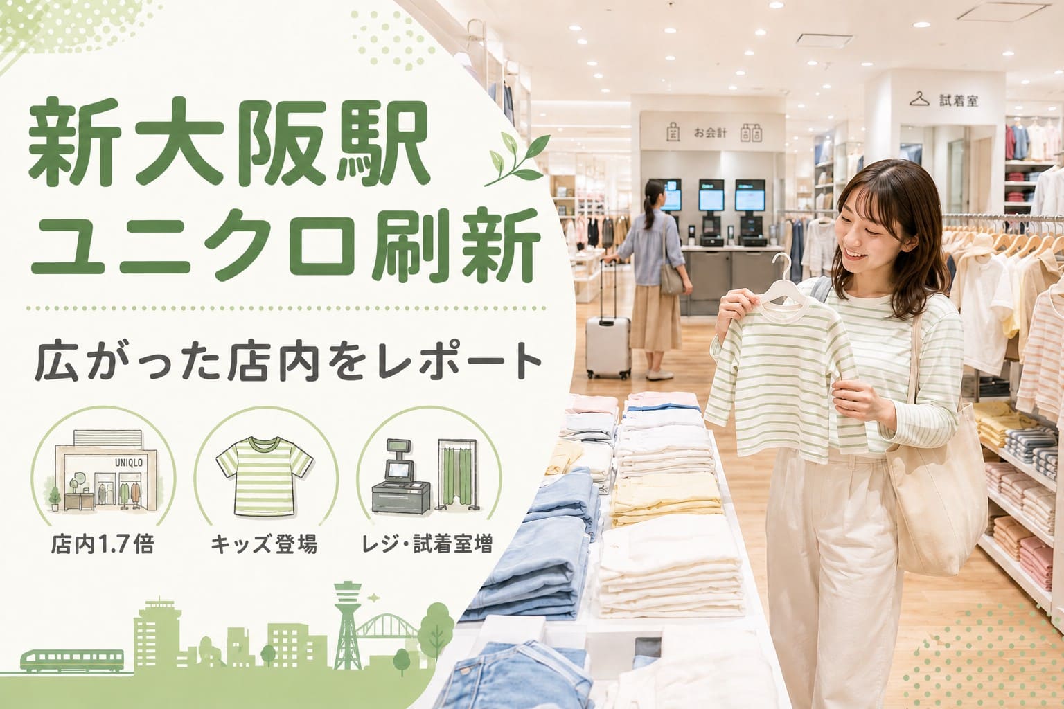 新大阪駅のユニクロ刷新を伝えるアイキャッチ。広がった店内、キッズ商品の登場、レジ・試着室の増設を、明るい衣料品店で買い物する女性と手書き風アイコンで表現している。