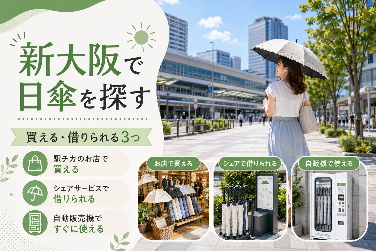 新大阪駅周辺で日傘を探す人に向けて、日傘を持つ女性と、店舗・シェアサービス・自動販売機の3つの利用方法を組み合わせたアイキャッチ画像。