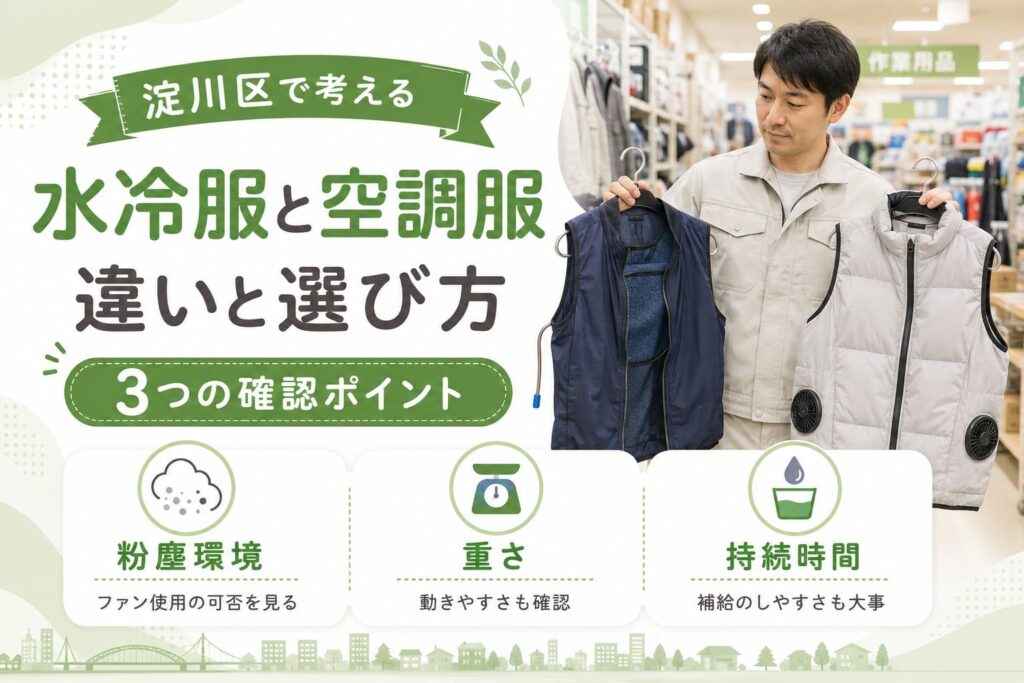 水冷服と空調服を持ち比べる作業服店の男性。粉塵環境・重さ・持続時間の3つの確認ポイントを紹介する淀川区の暑さ対策グッズ比較画像