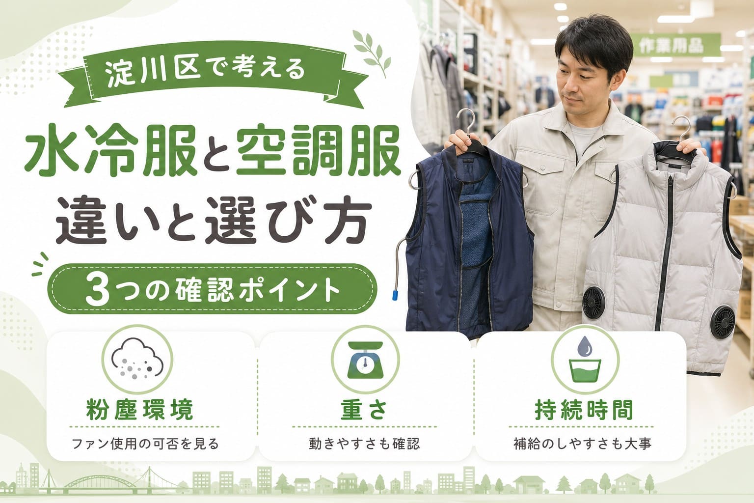 水冷服と空調服を持ち比べる作業服店の男性。粉塵環境・重さ・持続時間の3つの確認ポイントを紹介する淀川区の暑さ対策グッズ比較画像