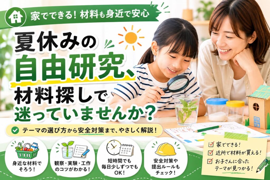 淀川区で夏休みの自由研究を家で進めるため、身近な材料を親子で確認しているアイキャッチ画像