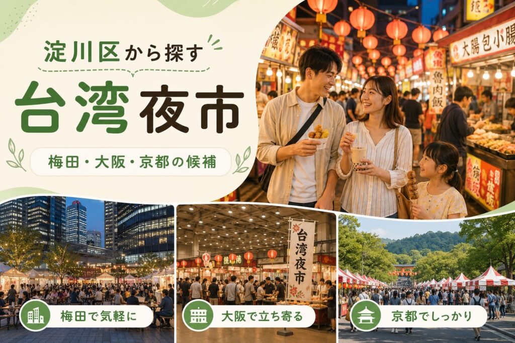 淀川区から台湾夜市イベントを探す方向けに、梅田・大阪・京都の候補をやさしく整理したアイキャッチ画像。
