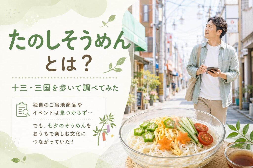 淀川区の十三・三国周辺を歩いて調べる男性と、七夕風に盛り付けたそうめんを組み合わせた地域メディア用アイキャッチ画像。