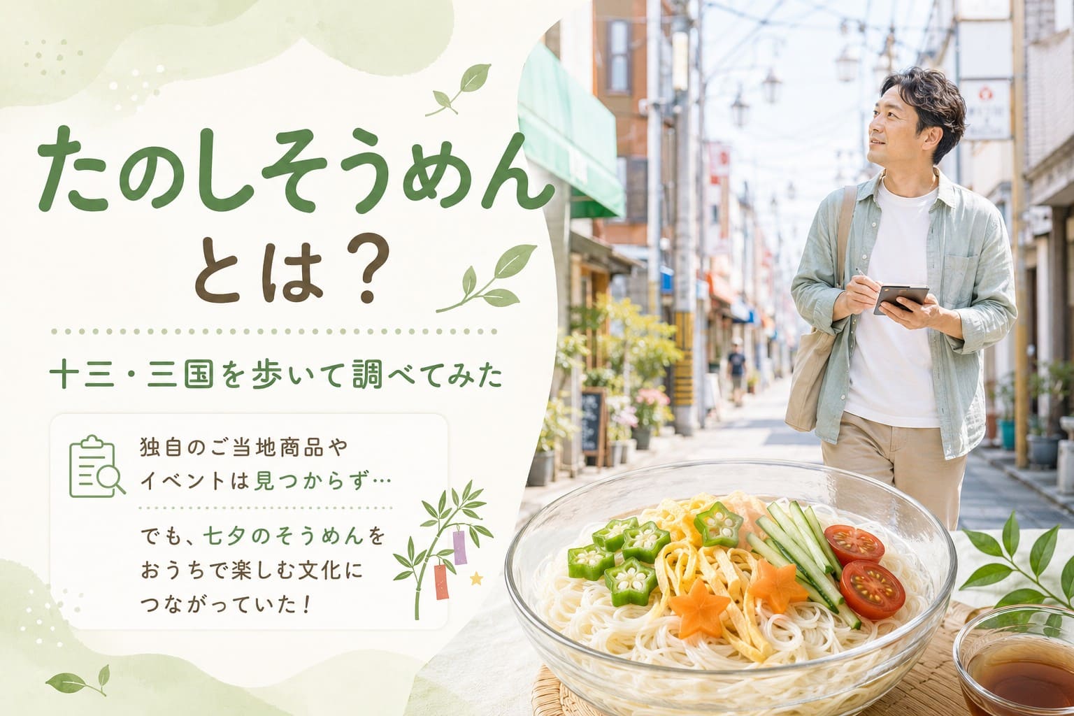淀川区の十三・三国周辺を歩いて調べる男性と、七夕風に盛り付けたそうめんを組み合わせた地域メディア用アイキャッチ画像。