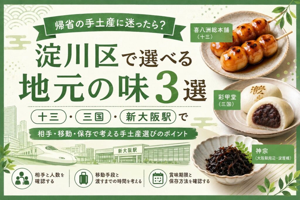淀川区で帰省の手土産を選ぶポイントを、和菓子や佃煮、新大阪駅のイメージとともに紹介するアイキャッチ画像