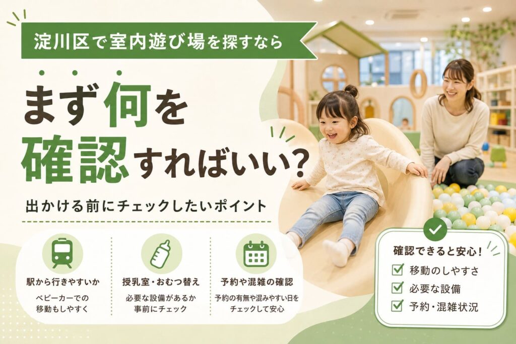 淀川区で室内遊び場を探す際に確認したいポイントを紹介するアイキャッチ画像。親子が室内遊び場で遊ぶ様子と、駅からのアクセス、授乳室・おむつ替え設備、予約や混雑状況の確認ポイントを表現。