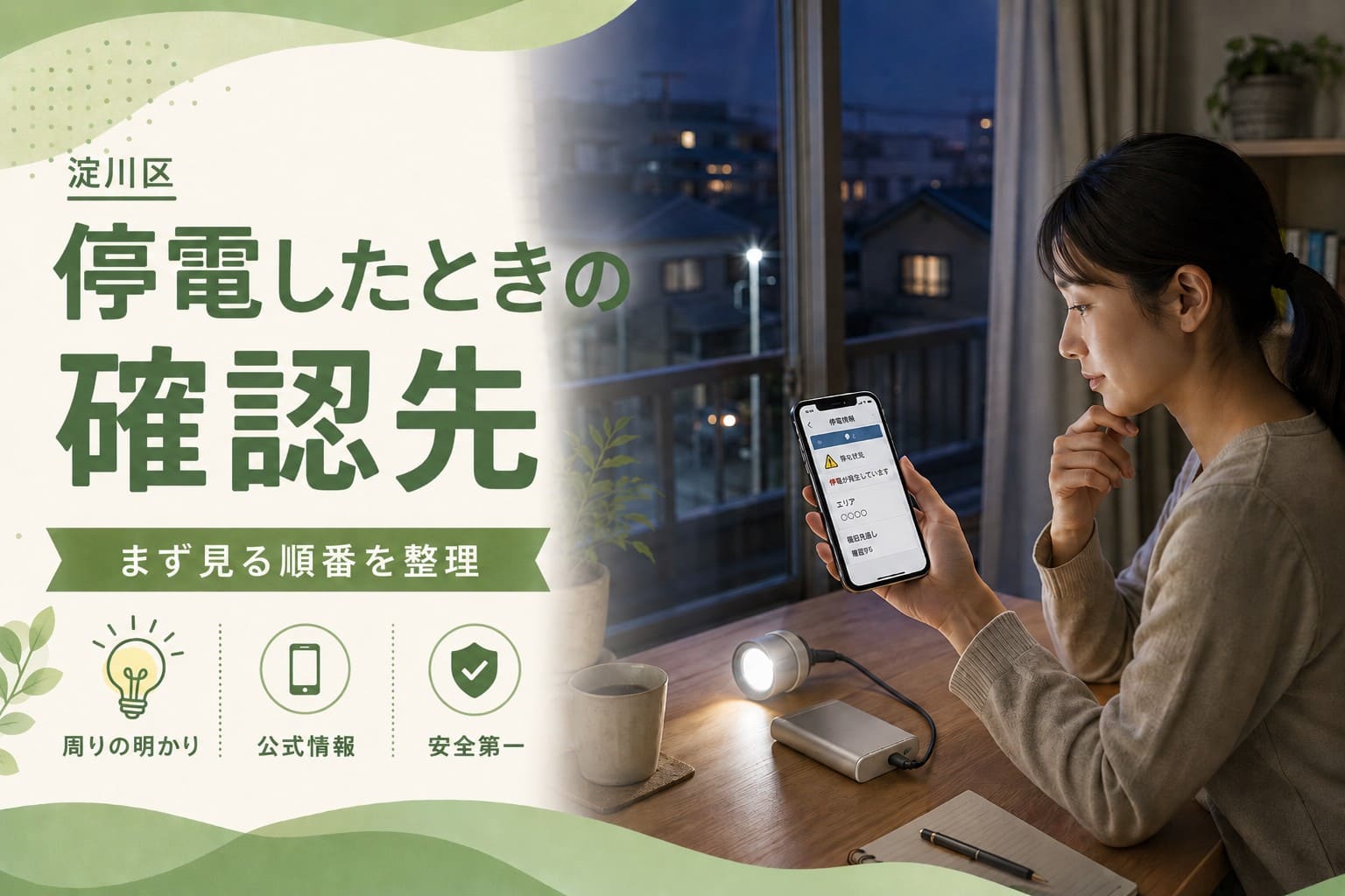 淀川区で停電したときの確認先を整理したアイキャッチ。スマートフォンで停電情報を確認する女性と、懐中電灯・モバイルバッテリーが描かれている。