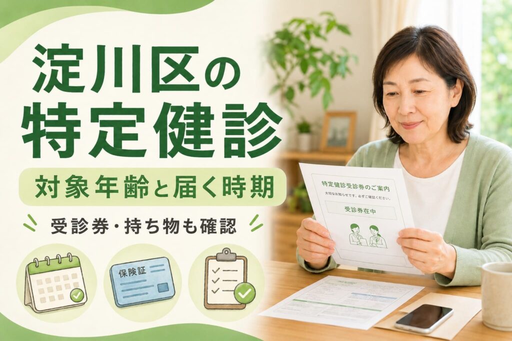 淀川区の特定健診について、受診券や持ち物を確認する女性と、対象年齢・届く時期を知らせる見出しを配置したアイキャッチ画像