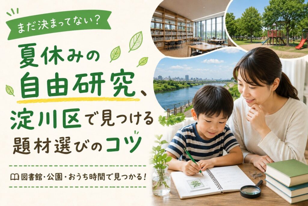 淀川区の図書館や公園、河川敷を背景に、親子が自由研究の題材を探してノートに記録しているフォトリアルなアイキャッチ画像