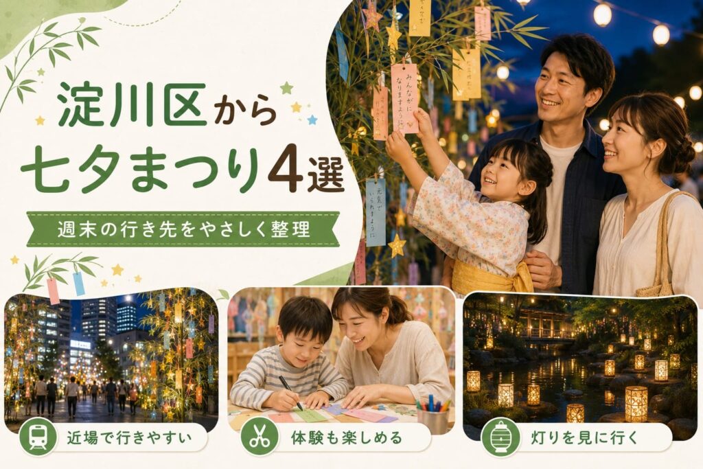 淀川区から行きやすい週末の七夕まつり4選を紹介するアイキャッチ。親子が短冊を飾る夜の七夕イベント風景と、近場・体験・灯りを楽しむ3つの場面が描かれている。