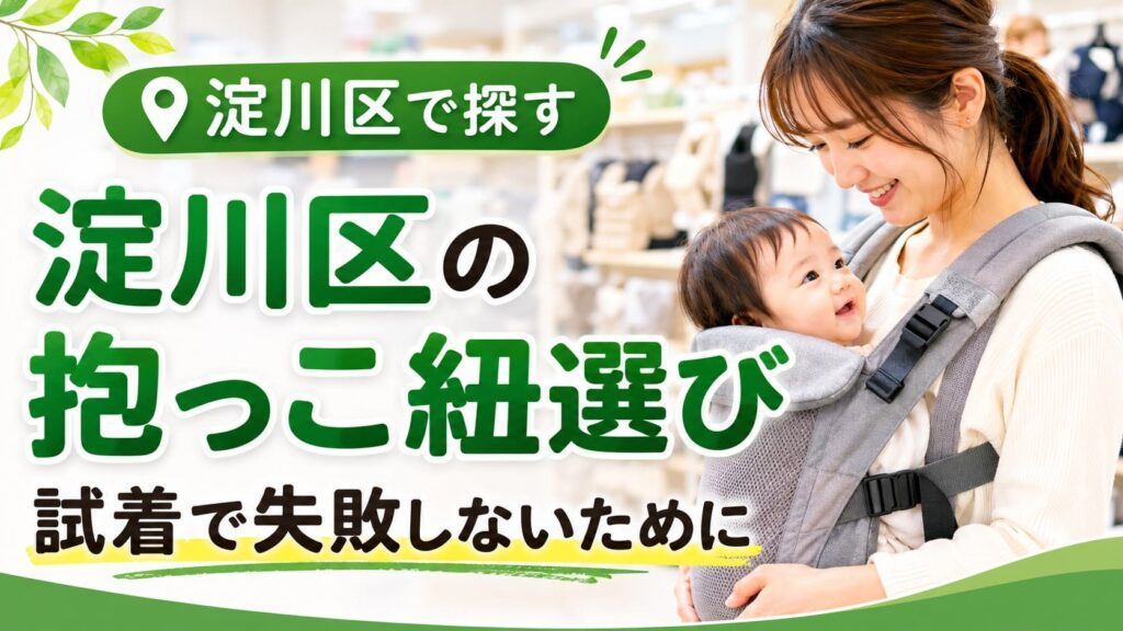 淀川区で抱っこ紐選びを検討する保護者が、ベビー用品店で赤ちゃんを抱っこ紐に入れて試着している様子をイメージしたアイキャッチ画像