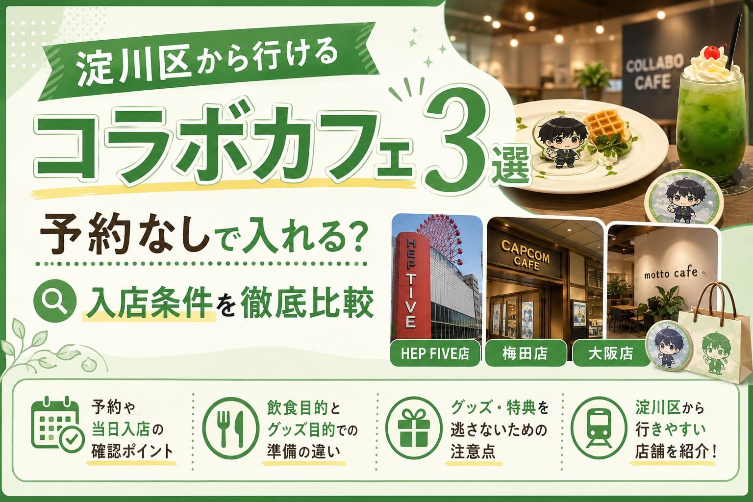 淀川区から行きやすいコラボカフェ3店舗を比較し、予約不要かどうかや入店条件の違いを紹介するアイキャッチ画像。