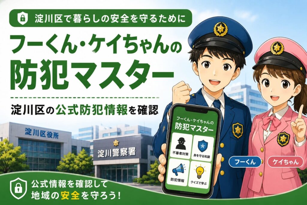 淀川区で防犯情報を確認する方法を紹介するアイキャッチ。大阪府警の公式キャラクター「フーくん・ケイちゃん」と防犯マスターのイメージ、淀川区役所・淀川警察署を背景に配置。