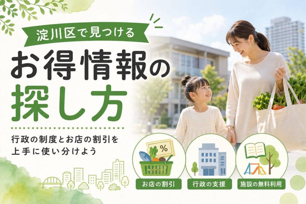 淀川区のお得情報の探し方を紹介するアイキャッチ。親子の買い物風景と、お店の割引・行政の支援・施設の無料利用を示すアイコンが配置されている。