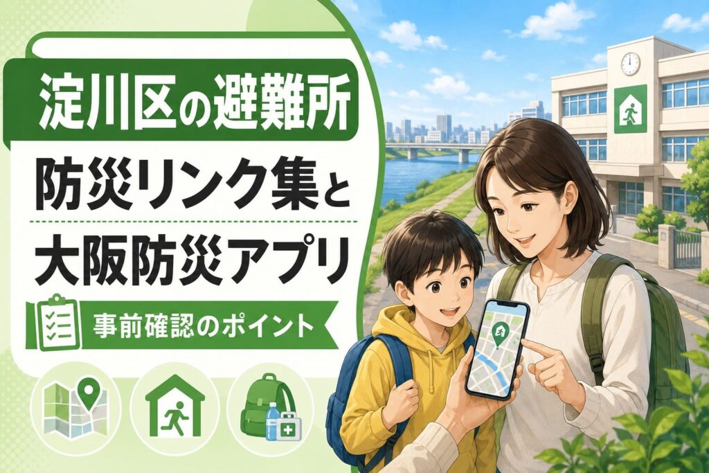 淀川区の避難所と防災リンク集、大阪防災アプリの確認方法を紹介するアイキャッチ画像