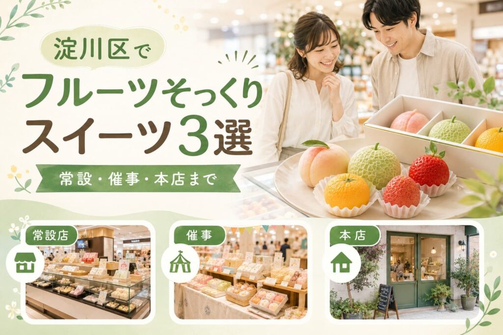 淀川区でフルーツそっくりスイーツを探す人向けに、常設店・催事・本店の3つの候補を整理したアイキャッチ画像。