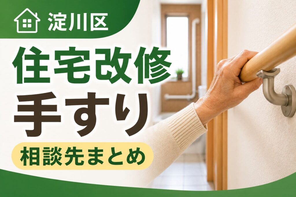 淀川区の住宅改修で手すり設置を検討している方向けのアイキャッチ。住宅内の手すりを握る手元を背景に、「淀川区」「住宅改修」「手すり」「相談先まとめ」の文字を大きく配置している。