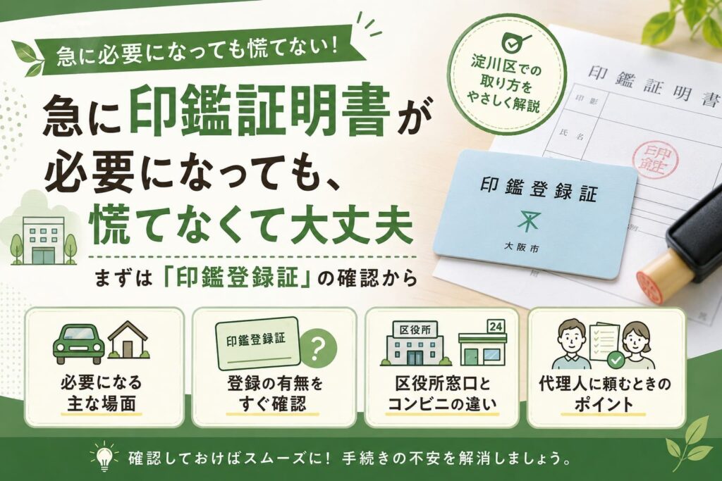 淀川区で印鑑証明書を取得する前に、印鑑登録証の確認方法や区役所窓口・コンビニ交付の違いを分かりやすく紹介したアイキャッチ画像